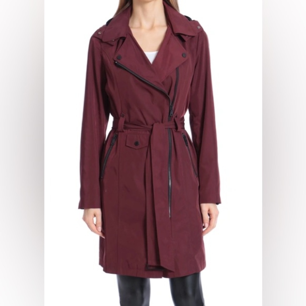 Avec Les Filles Belted Moto rain Jacket Burgundy